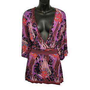 Roberto Cavalli purple geometric v-neck flutter sleeve knit tunic dress size 10